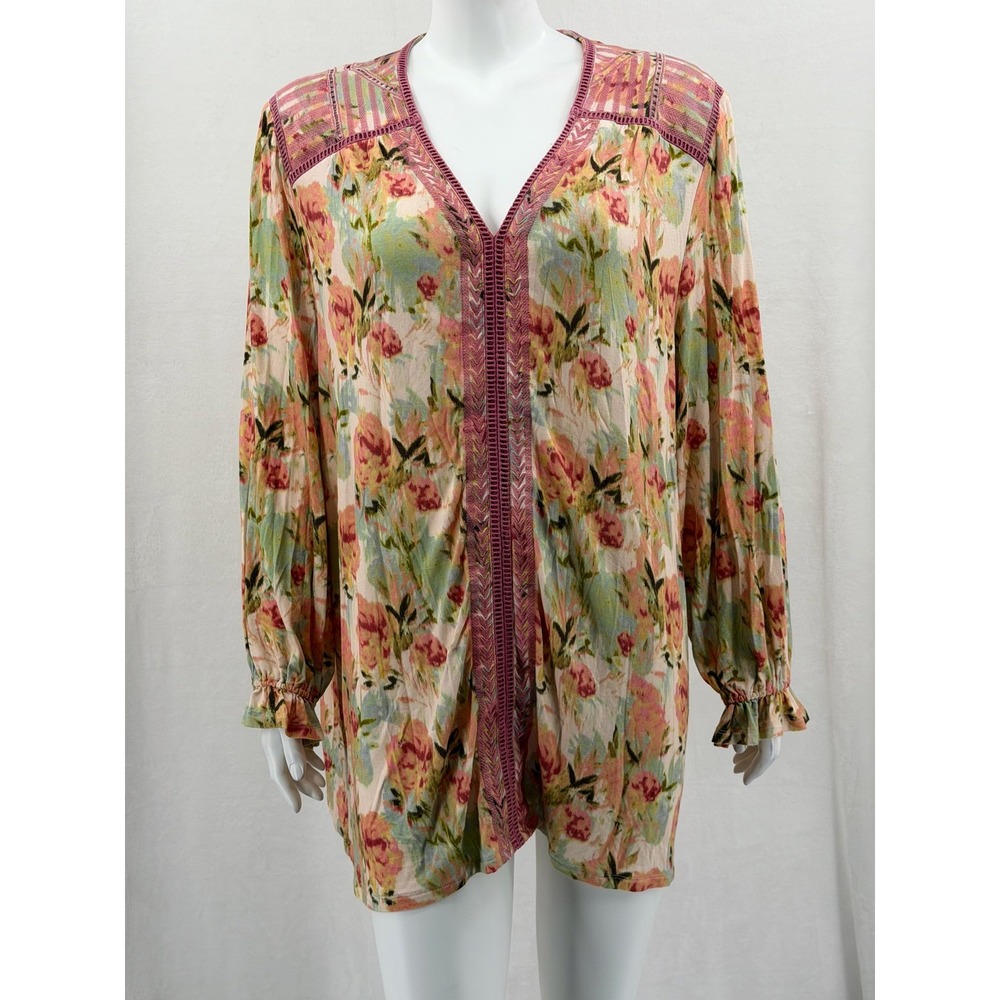 Soft Surroundings Top Womens 2X Orange Pink Floral Boho Peasant Cottagecore